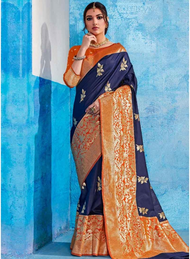 Navy Blue Weaving Print Heavy Handloom Silk Designer Party Wear Saree